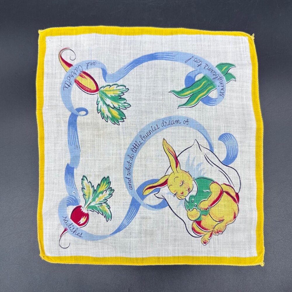 Vintage Childs Handkerchief Easter Bunny Veggies Mid Century Kitschy Hankie - Picture 2 of 8